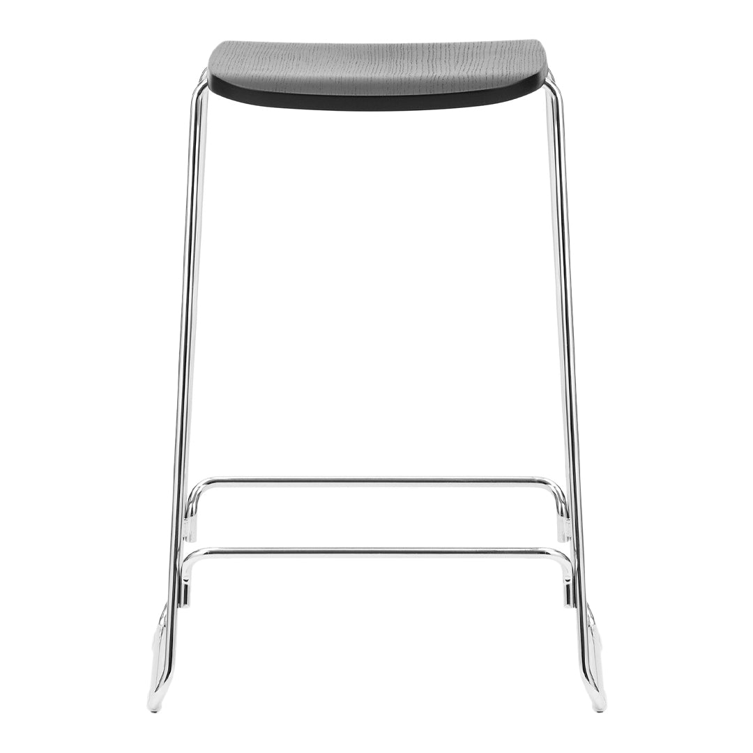 Sleek chrome bar stool with a minimalist black and gray seat design, perfect for modern decor.
