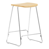 "Light wood seat with a smooth finish and sleek chrome legs; modern design for contemporary interiors."