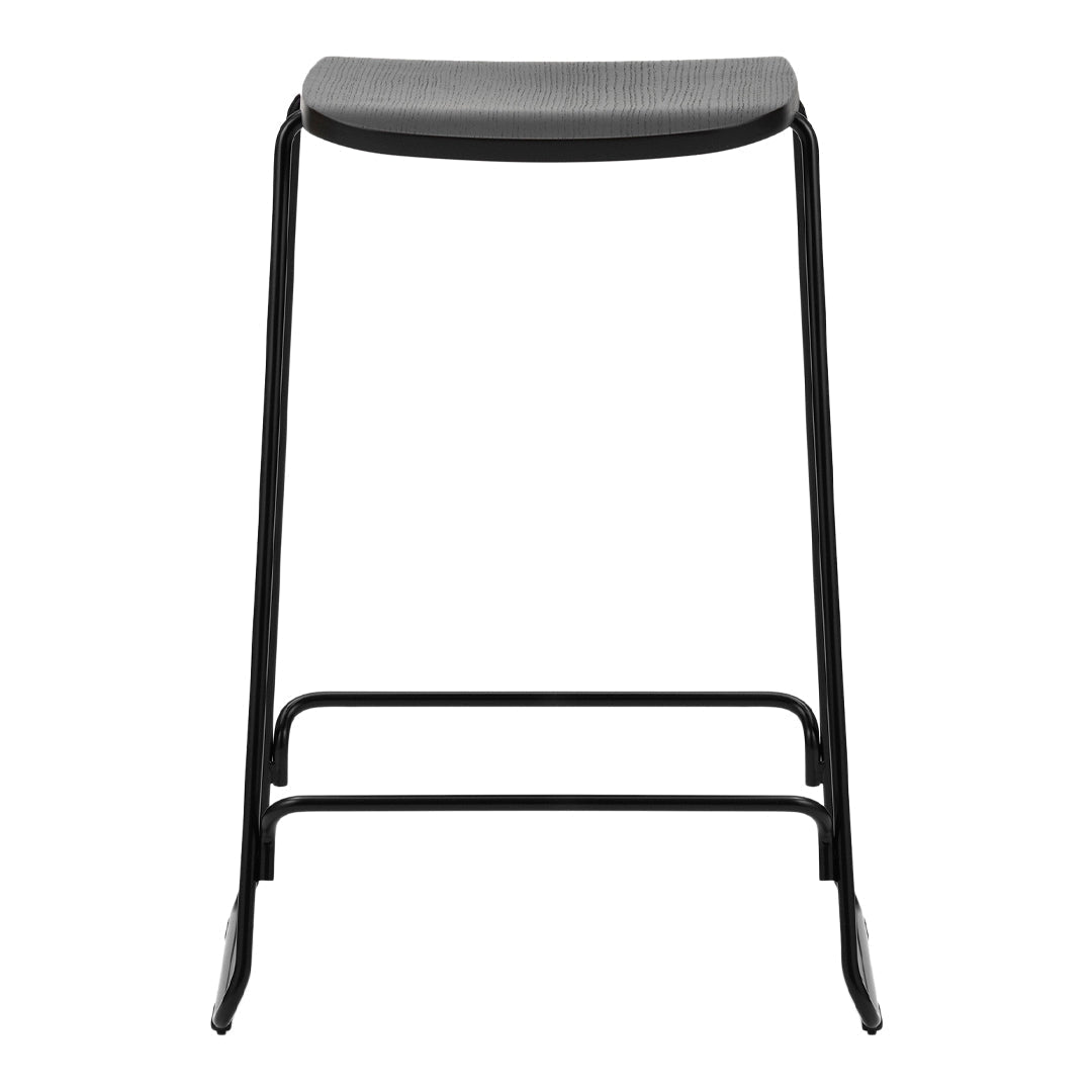 Black metal bar stool with a sleek gray seat, featuring a minimalistic, modern design. Perfect for any space.