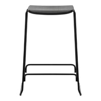 Black metal bar stool with a sleek gray seat, featuring a minimalistic, modern design. Perfect for any space.