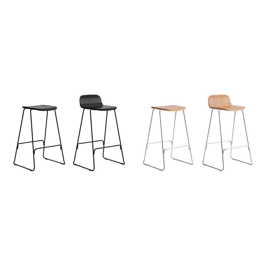 Set of modern bar stools in black and natural wood finishes, featuring sleek metal legs and minimalist design.