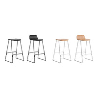 Set of modern bar stools in black and natural wood finishes, featuring sleek metal legs and minimalist design.