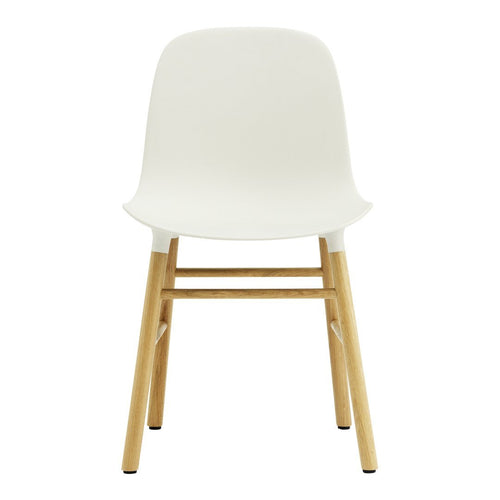 White modern chair with smooth surface and natural wood legs, perfect for minimalist decor.