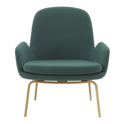 Teal upholstered chair with curved design and gold metal legs, featuring a smooth, minimalist aesthetic.