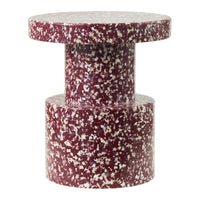 Burgundy and cream speckled side table with a modern, geometric design. Perfect for contemporary decor.