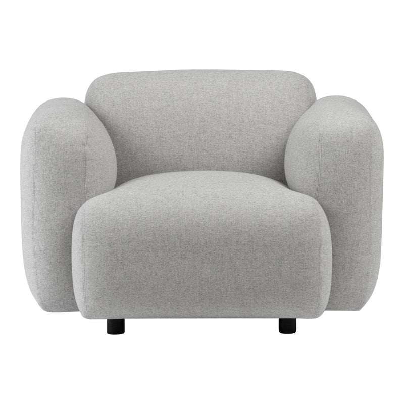 Gray upholstered armchair with rounded shapes and a soft texture, perfect for modern decor.