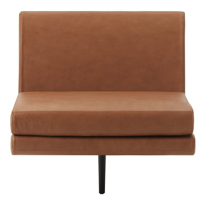 Brown upholstered loveseat with a sleek, minimalist design and black tapered legs, perfect for modern decor.
