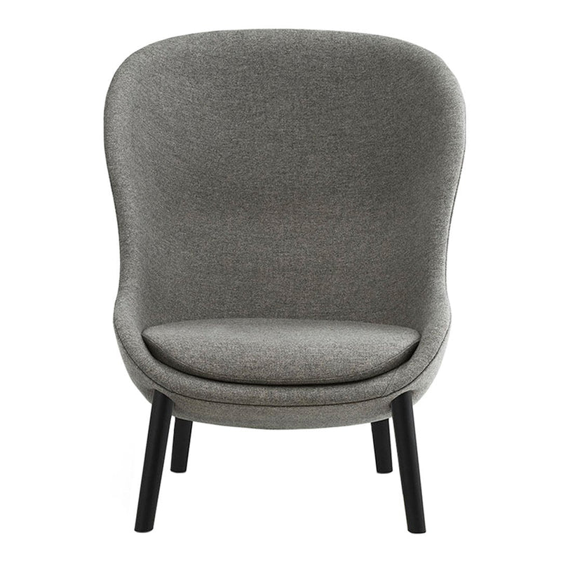 "Stylish gray upholstered accent chair with curved back and black wooden legs, showcasing a sleek, modern design."