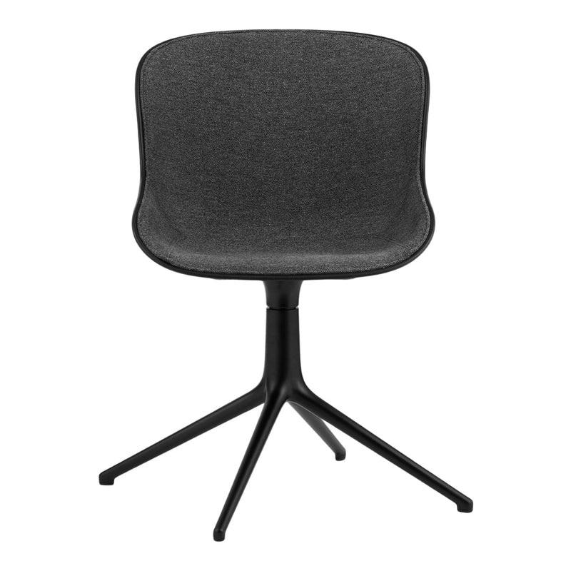 Stylish gray upholstered chair with a sleek black base, offering a modern, minimalistic design.