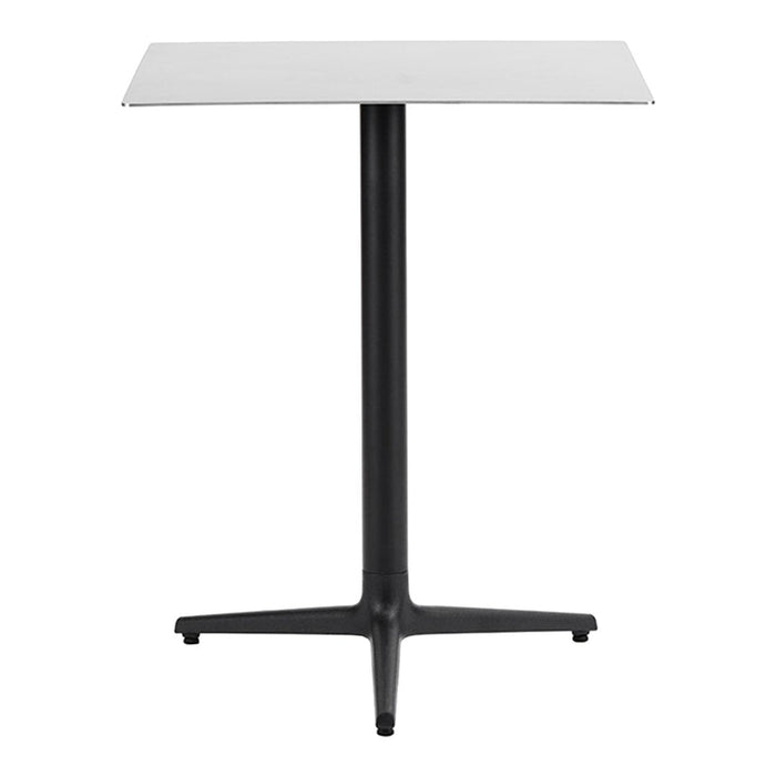 White square table top with a sleek black metal base, featuring a minimalist design and clean lines.