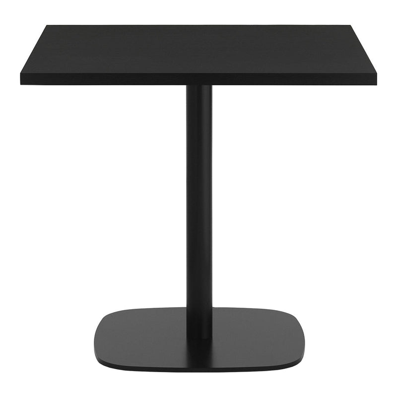 Black square dining table with a sleek, modern design and a matte finish. Perfect for contemporary decor.