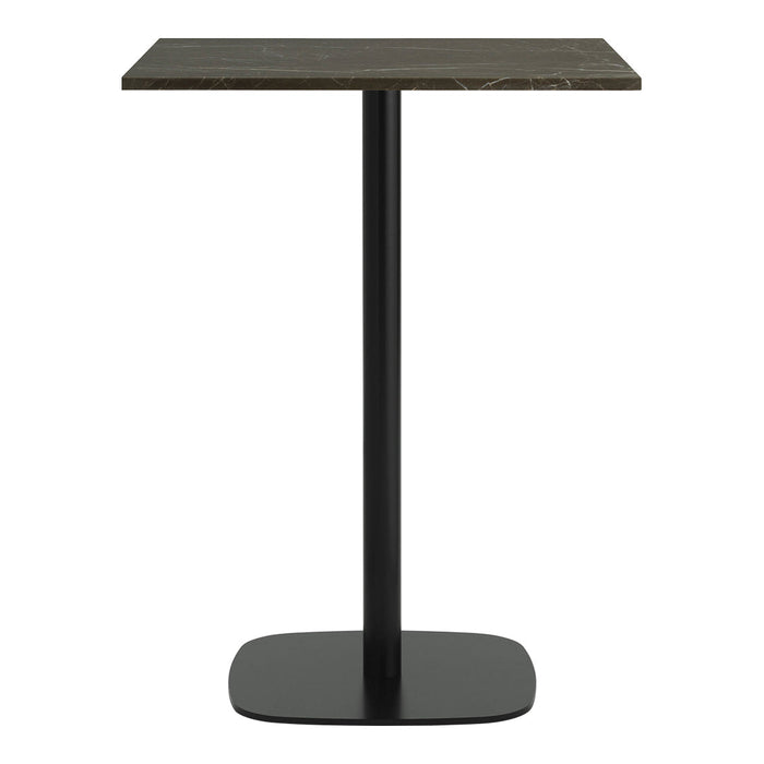 Black round base with sleek vertical pole supporting a square, dark stone-patterned tabletop. Elegant minimalist design.