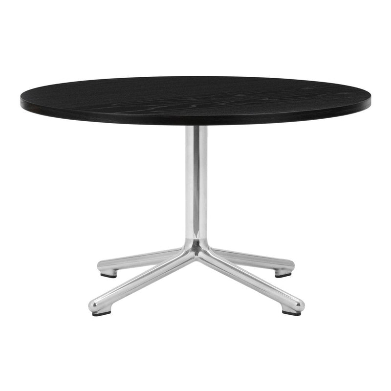 Round black table with subtle wood grain pattern, featuring a sleek silver metal base. Perfect for modern decor.
