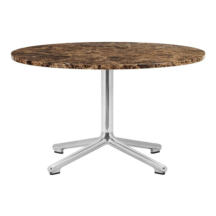 Round coffee table with a brown marble pattern top and sleek silver metal base. Modern design for any living space.
