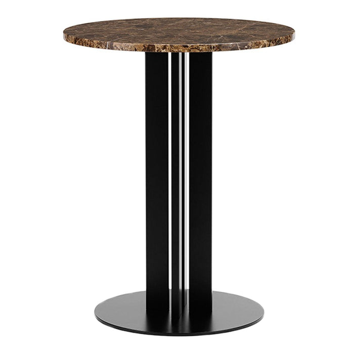 Round table featuring a dark marble top with earthy tones and a sleek black metal base. Modern and stylish design.