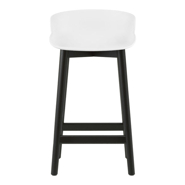 White upholstered seat with a sleek black wooden frame, featuring a minimalist design. Perfect for modern decor.