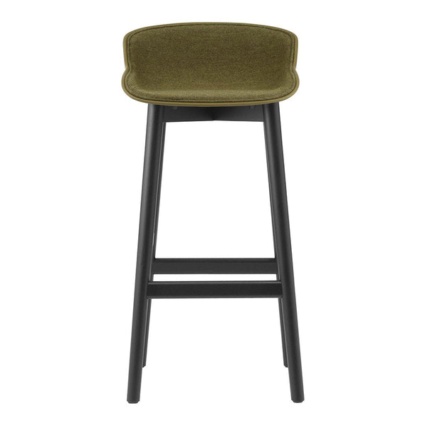 Green upholstered bar stool with a sleek black wooden frame, featuring a smooth, minimalist design.
