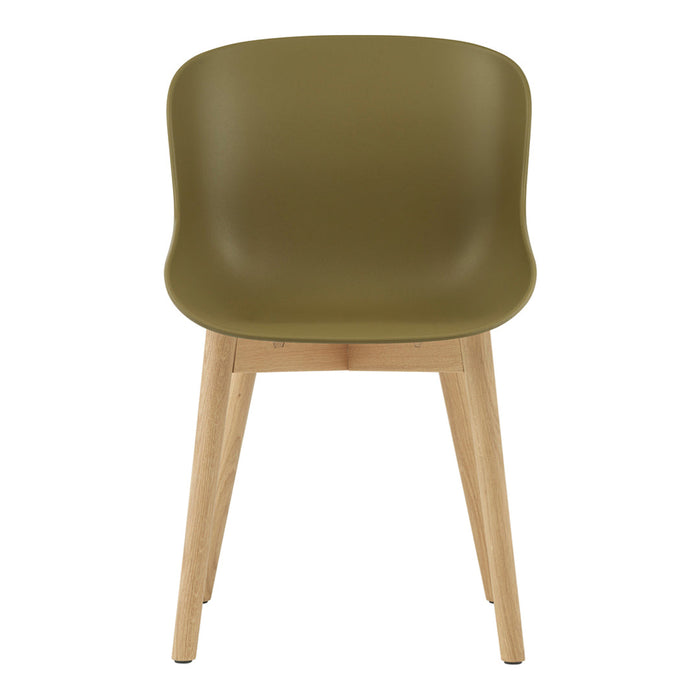 Olive green chair with smooth, rounded plastic seat and natural wood legs. Modern design for stylish interiors.