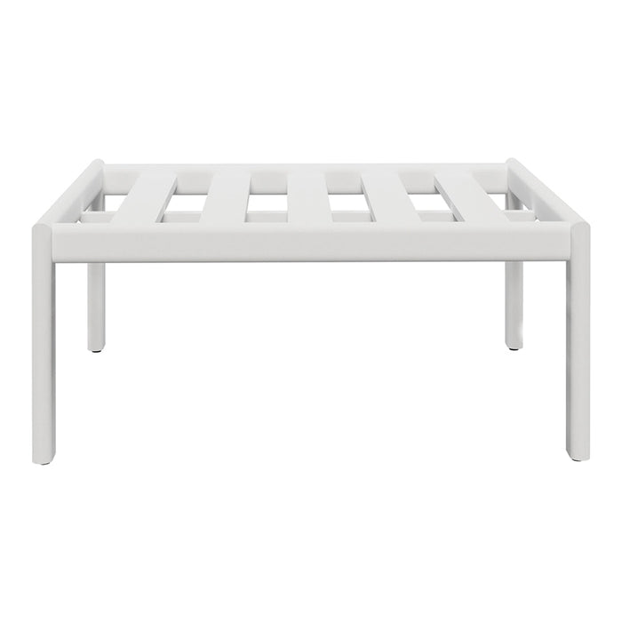 White slatted bed frame with a minimalist design, featuring clean lines and a smooth finish. Perfect for modern decor.