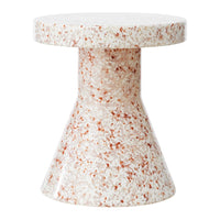 Translucent peach and white speckled side table with a modern, tapered design. Perfect for contemporary decor.