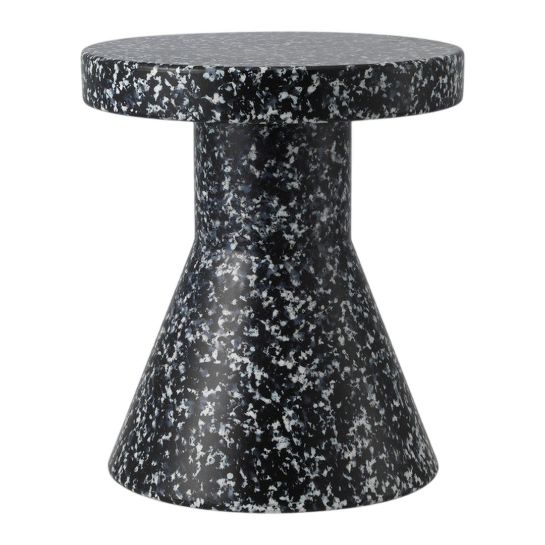 Modern black and white speckled accent table with a conical design. Ideal for contemporary decor.