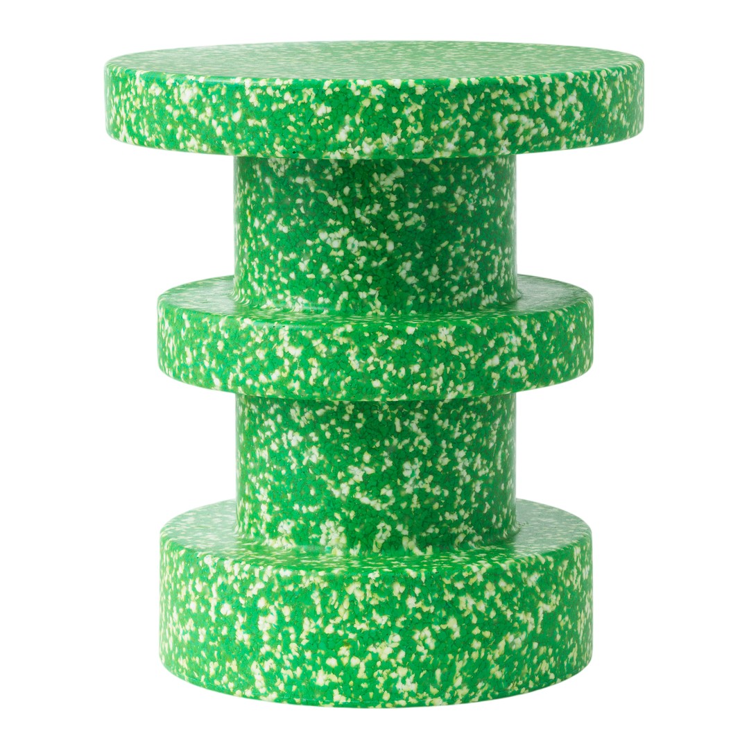 Green speckled stool, featuring a textured pattern with three stacked circular tiers.