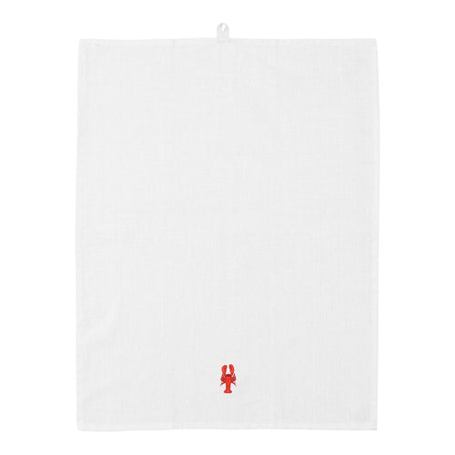 White kitchen towel featuring a small red lobster design at the bottom. Perfect for a coastal-themed kitchen.