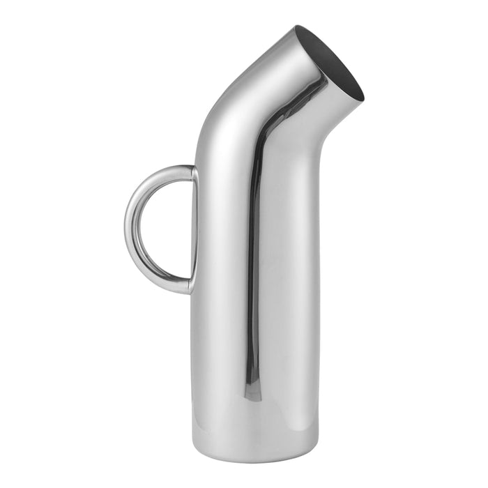 Sleek silver pitcher with a modern design and shiny metallic finish, featuring a distinctive angled spout.
