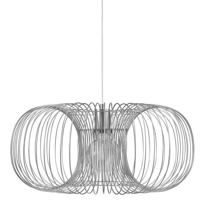 Modern silver metal pendant lamp with a unique wire design and circular patterns, perfect for stylish interiors.