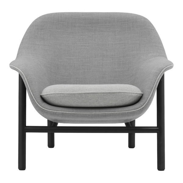 Light gray fabric armchair with a minimalist design and black metal legs. Modern and stylish home decor piece.