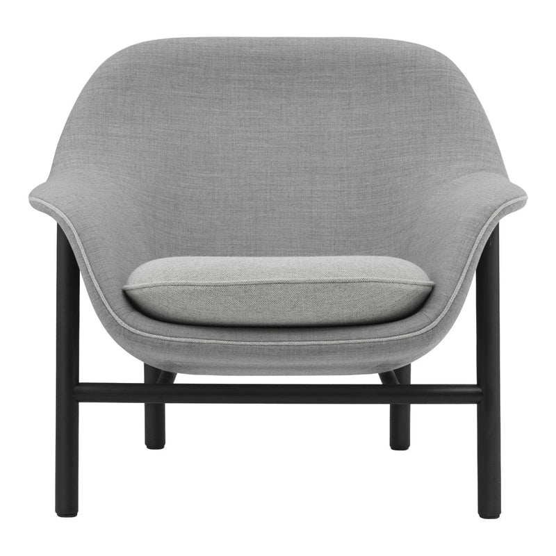 Light gray fabric armchair with a minimalist design and black metal legs. Modern and stylish home decor piece.
