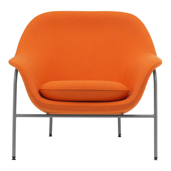 Bright orange modern chair with clean lines and a minimalist design, featuring a sleek gray metal frame.