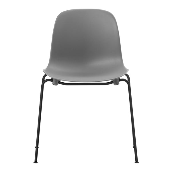 Gray plastic chair with a smooth, minimalist design and black metal legs, perfect for modern spaces.