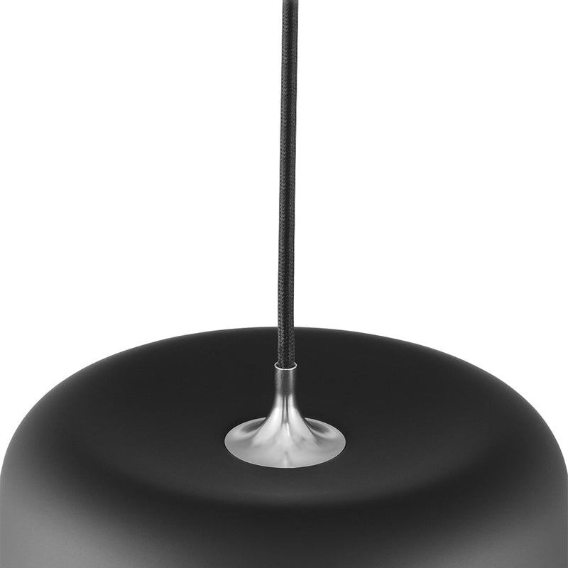 Black pendant light with a smooth, rounded shade and shiny metallic accent. Sleek and modern design.