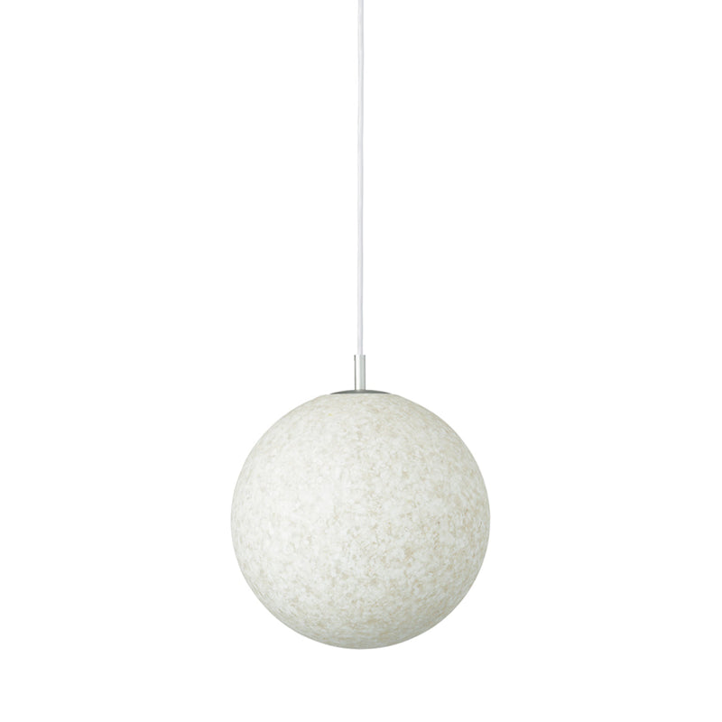 White spherical pendant light with a subtle textured pattern, perfect for modern décor.