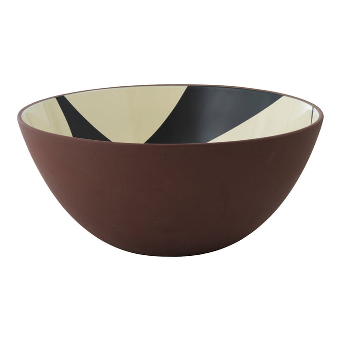 Brown ceramic bowl featuring a geometric pattern in cream and black. Stylish and modern design for any setting.