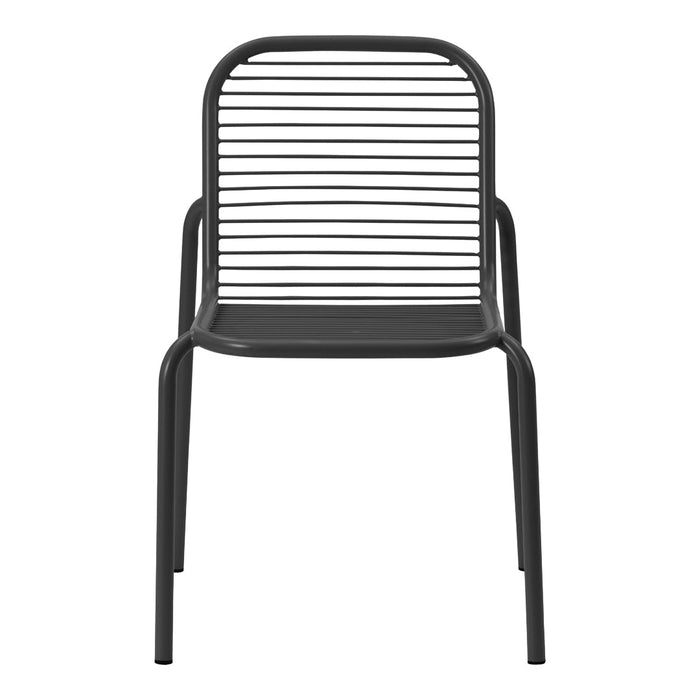Sleek black chair with horizontal striped pattern, modern design suitable for indoor or outdoor use.