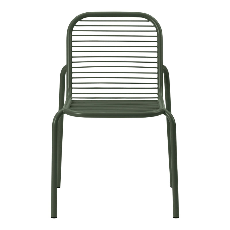 Green metallic chair with a sleek, horizontal striped pattern on the backrest and seat. Perfect for modern decor.
