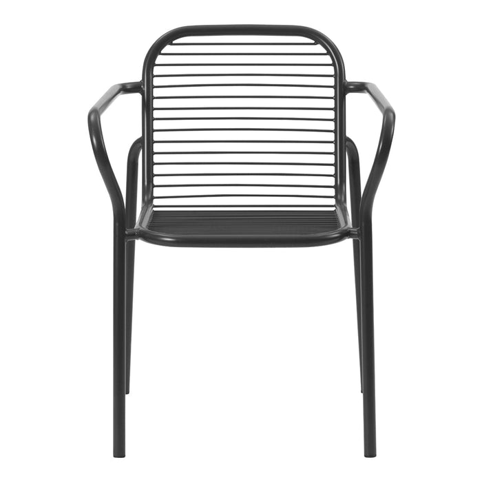 Black slatted metal chair with a minimalist design and sleek lines, perfect for modern interiors.