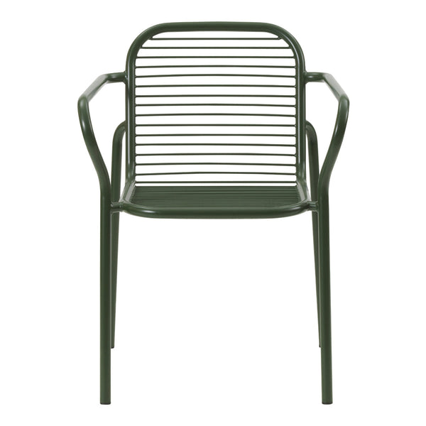 Green metal chair with stylish horizontal stripes and a sleek, modern design. Perfect for indoor or outdoor use.