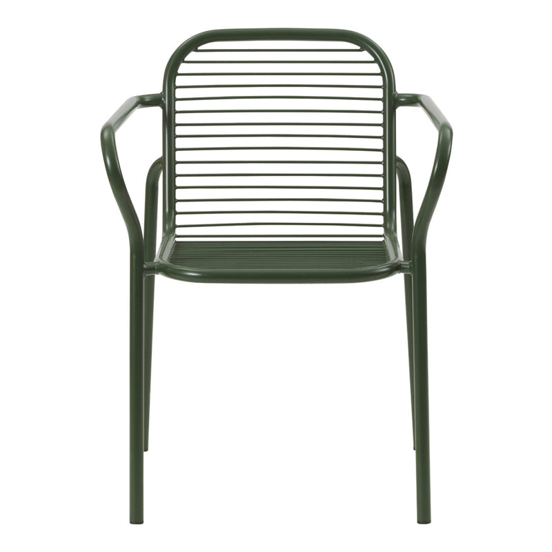 Green metal chair with stylish horizontal stripes and a sleek, modern design. Perfect for indoor or outdoor use.