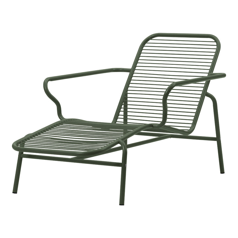 "Green striped metal lounge chair with a minimalist design and sleek lines, perfect for outdoor settings."