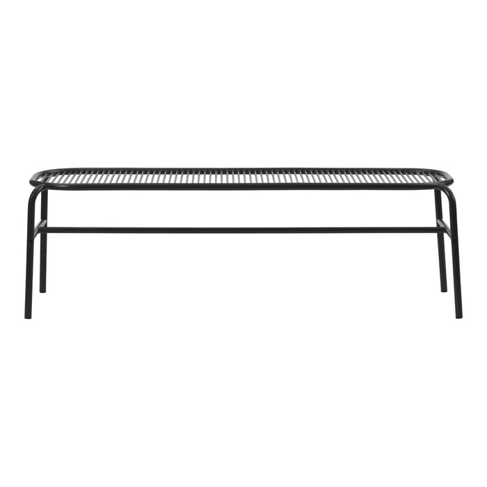 Black metal bench with a sleek, slatted design and minimalist style, perfect for modern decor.