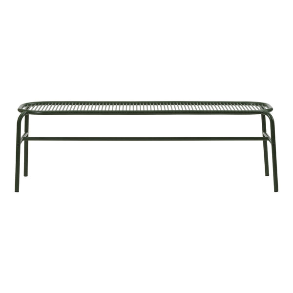 Green metal bench with a sleek, minimalist design and a wire mesh seat pattern. Ideal for modern outdoor spaces.