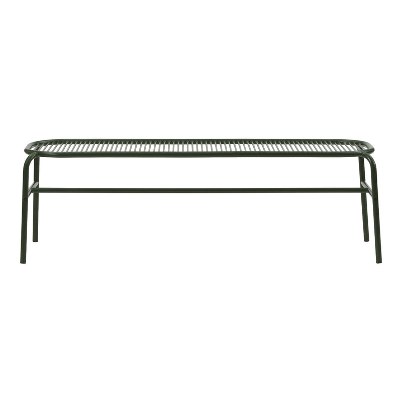 Green metal bench with a sleek, minimalist design and a wire mesh seat pattern. Ideal for modern outdoor spaces.