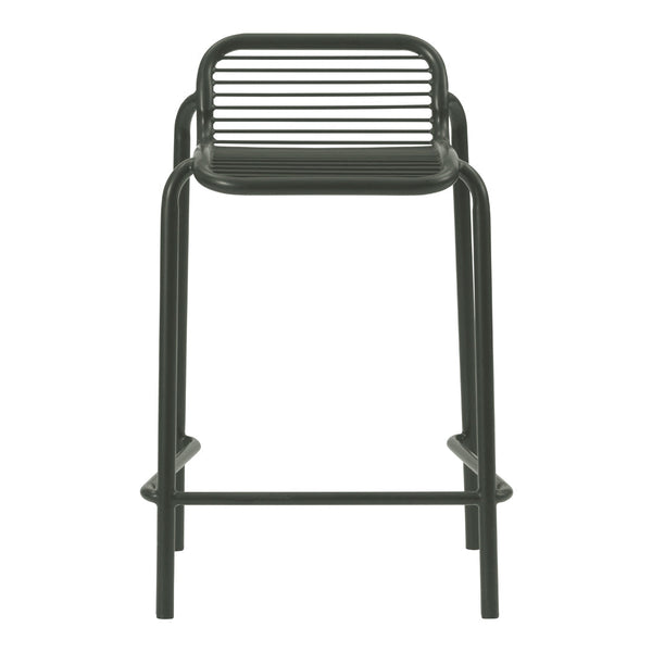 Black metal bar stool with sleek horizontal slat design and minimalist silhouette. Ideal for modern decor.