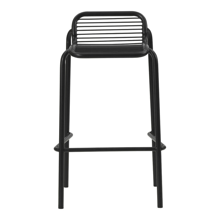 Black metal bar stool with a slatted backrest, featuring clean lines and a modern minimalist design.
