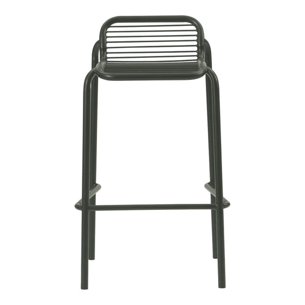 Black metal bar stool with a slatted back design, showcasing a sleek and modern aesthetic. Perfect for contemporary spaces.