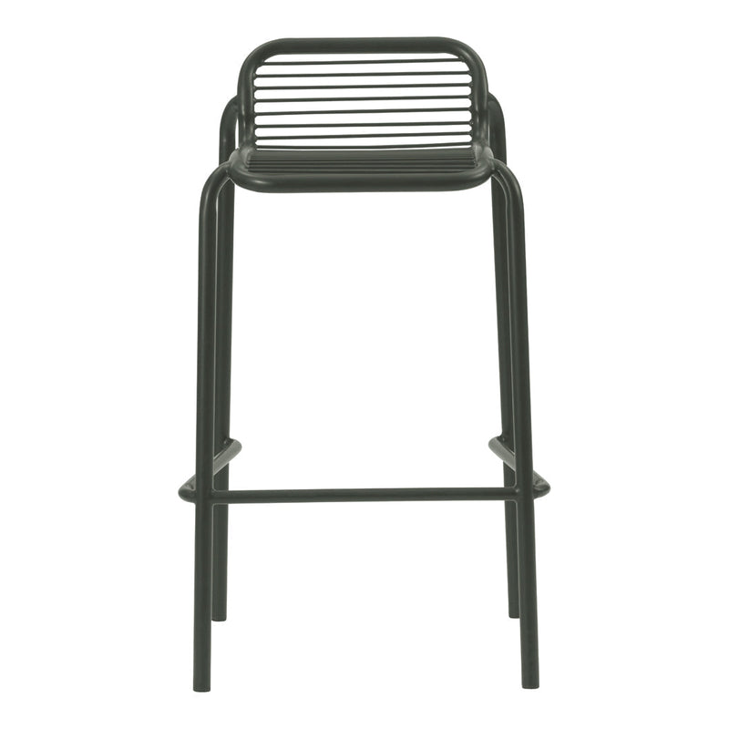 Black metal bar stool with a slatted back design, showcasing a sleek and modern aesthetic. Perfect for contemporary spaces.