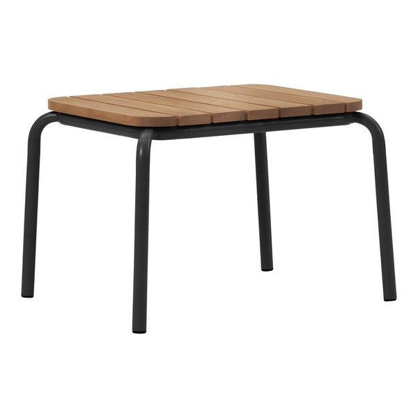 Square table with a warm wooden top and sleek black metal legs, featuring a slatted design for a modern look.